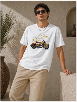 Modi Erkek Motosiklet Baskılı Tişört Bisiklet Yaka Kısa Kol Yazlık T-Shirt Beyaz