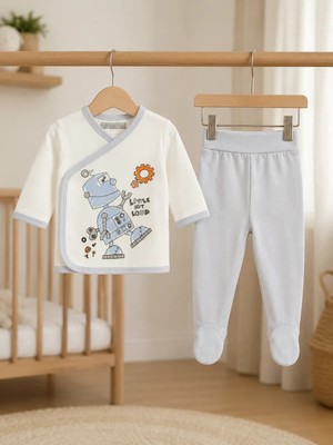 Bebek Star Robot Desenli Mavi %100 Cotton Zıbın Takımı