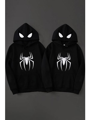 Macklin Sevgili - Arkadaş Çift Kombini Örümcek Adam Logo Kapüşon Baskılı Özel Tasarım Kapüşonlu Sweatshirt 2li Takım