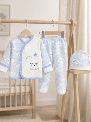 Bebek Star Kendinden Eldivenli Şapkalı Mavi Bulut Desenli %100 Cotton Zıbın Takım