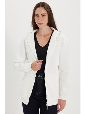 Tudors Kadın oversize Geniş Kesim %100 Pamuk Kapüşonlu Fermuarlı Cepli Ekru Sweatshirt