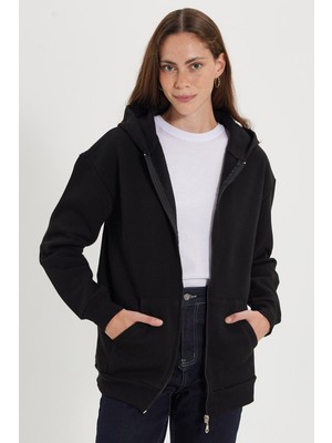 Tudors Kadın Oversize Geniş Kesim %100 Pamuk Kapüşonlu Fermuarlı Cepli Siyah Sweatshirt