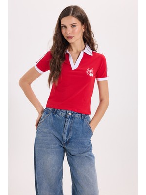 Tudors Kadın Slim Fit Dar Kesim Kısa Kollu Baskılı Omzu Şeritli V Yaka Kırmızı Tişört Body