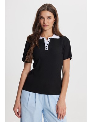 Tudors Kadın Slim Fit Dar Kesim Kısa Kollu Fitilli Görünümlü Siyah Polo Yaka Tişört