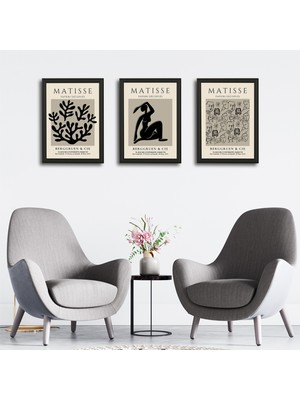 Tilki Dünyası Henri Matisse 3'lü Alüminyum Çerçeveli Poster Seti - Önden Açılır A3 Açılır Kapanır Çerçeve Seti Siyah Beyaz Minimalist