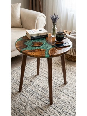 Af Epoxyart Modern El Yapımı Ahşap Epoksi Sehpa - 60 cm Çap Yeşil Nehir Desenli Ahşap Yan Sehpa - Doğal Ağaç Kütük Epoksi Orta Sehpa