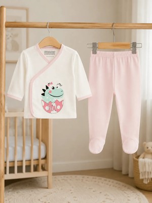 Bebek Star Dinazor Desenli Pembe %100 Cotton Zıbın Takımı