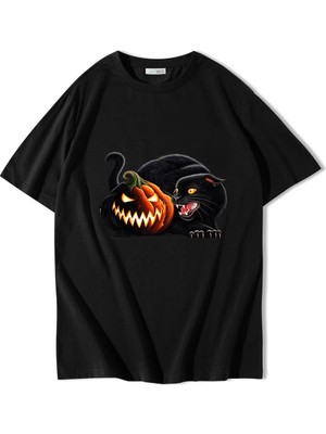 Brz Collection Unisex Oversize Halloween Pumpkin Black Cat T-Shirt Siyah