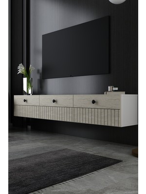 Dekortis Home Dekor 180DHDTDA7BT Ilay Duvara Monte Lazer Desen Kapaklı Tv Sehpası Beyaz-Traverten