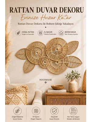 Penthouse Rattan Duvar Dekoru 90X47 cm Bohem Dekoratif Duvar Süsü Salon Antre Yatak Odası Dekoru