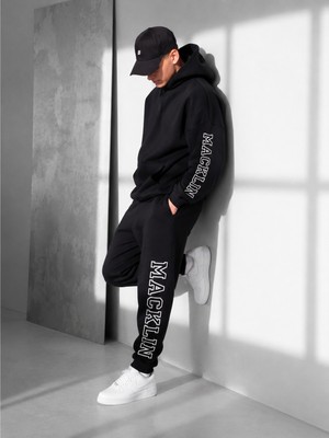 Macklin Unisex Kadın Erkek Kol ve Paça Baskılı Oversize 3 Iplik Kapüşonlu Sweatshirt ve Jogger Eşofman Altı