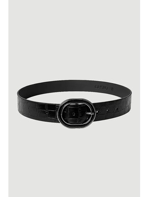 Gusto Oval Tokalı Kroko Desenli Suni Deri Kemer - Siyah