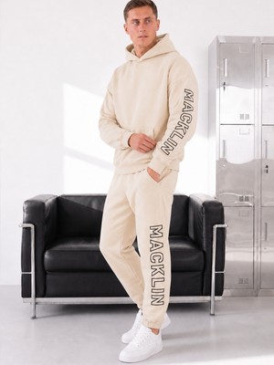 Macklin Unisex Kadın Erkek Kol ve Paça Baskılı Oversize 3 Iplik Kapüşonlu Sweatshirt ve Jogger Eşofman Altı