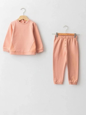 LC Waikiki Lcw Baby Mercan Bisiklet Yaka Uzun Kollu Pamuklu Kız Bebek Sweatshirt ve Pantolon 2'li Takım