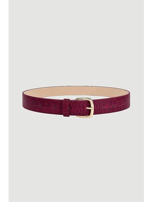 Gusto Gold Tokalı Kroko Desenli Suni Deri Kemer - Bordo