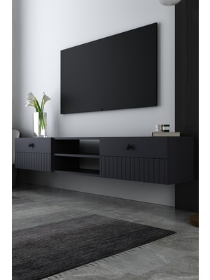 Dekortis Home Dekor 180DHDTDAR7A Ilay Duvara Monte Raflı, Lazer Desen Kapak Tv Sehpası Antrasit