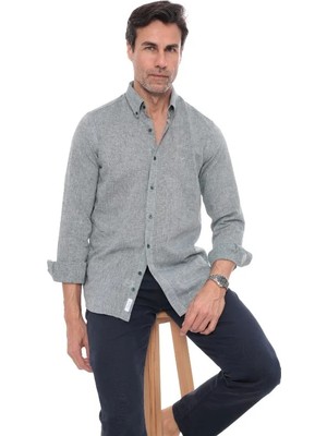 Fitmens Slim Fit Uzun Kol Yaka Düğmeli Nefes Alan Keten Hediye Kutulu Erkek Gömlek FS-004548 - Yeşil