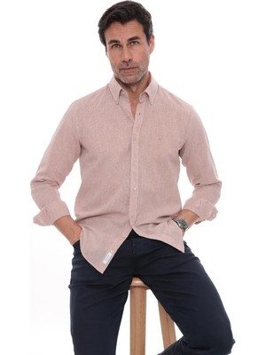 Fitmens Slim Fit Uzun Kol Yaka Düğmeli Nefes Alan Keten Hediye Kutulu Erkek Gömlek FS-004548 - Koyu Bej
