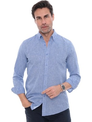 Fitmens Slim Fit Uzun Kol Yaka Düğmeli Nefes Alan Keten Hediye Kutulu Erkek Gömlek FS-004548 - Koyu Mavi