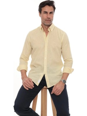 Fitmens Slim Fit Uzun Kol Yaka Düğmeli Nefes Alan Keten Hediye Kutulu Erkek Gömlek FS-004548 - Sarı