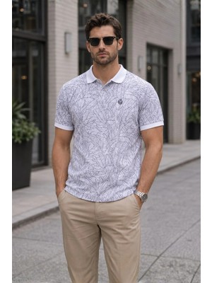 Madmext Beyaz Desenli Polo Yaka Tişört 5876