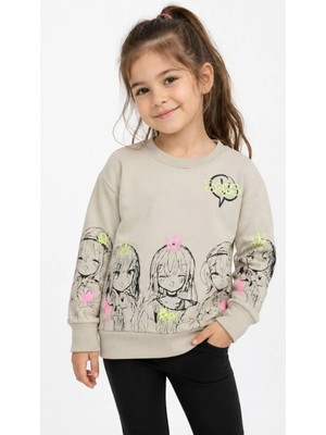 Kız Çocuk Önü ve Kolları Resim Desenli Şardonlu Bej Renk Sweatshirt