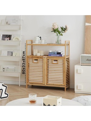 Royaleks Bambu Kirli Çamaşır Sepeti 2 Bölmeli 2 Kat Organizer 80X33X87 cm