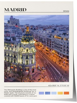 1001 Poster Madrid Gece Şehir Manzarası Salon Dekoru, 21 x 30