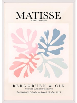 1001 Beyaz Çerçeveli Tablo Pembe Yaprak Deseni – Matisse Stil Yatak Odası Dekoru Poster 101920, 21 x