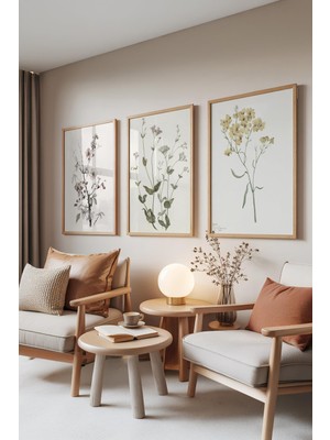1001 Ahşap Çerçeveli 3’lü Tablo Seti Botanik Çiçek Çizimi – Soft Renkler Salon Set 30124, 50 x