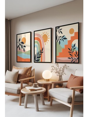 1001 Siyah Çerçeveli 3’lü Tablo Seti Boho Manzara – Güneş ve Gökkuşağı Salon Set 30061, 70 x