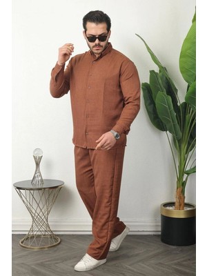 Velmora Fashion Erkek Sofya Keten Gömlek Pantolon Alt Üst Takım Uzun Kollu - Kahverengi