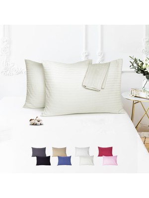 1001 Vionel HOME%100 Pamuk Çizgili Saten Yastık Kılıfı | 50 x 70 cm 2'li | Paket (Ekru)