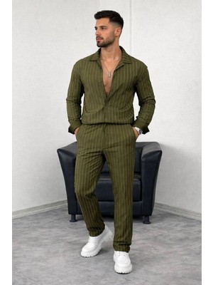 Velmora Fashion Erkek Çizgili Krep Kumaş Krem Gömlek Pantolon Alt Üst Takım Uzun Kollu - Haki