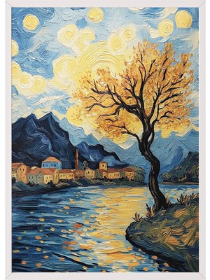 1001 Beyaz Çerçeveli Tablo, Van Gogh Yıldızlı Gece Köprü Yorumu, Salon Dekoru Poster No: 108452 50