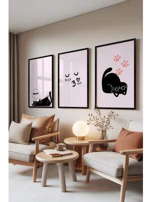 1001 Siyah Çerçeveli 3’lü Tablo Seti Sevimli Kedi Çizimi – Pembe Tonlar Genç Odası Set 30117, 1