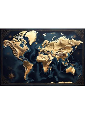1001 Bybars Lacivert Gold Dünya Haritası Dekoratif Tablo – 40X50 cm – 3mm Forex Pvc Duvar Tablosu �