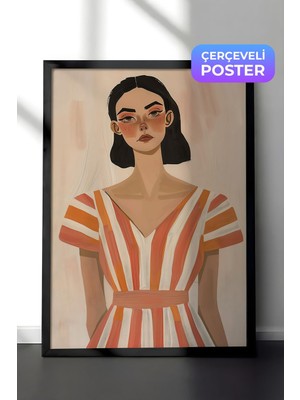 1001 Siyah Çerçeveli Duvar Tablosu Çizgili Elbiseli Kadın Minimal Modern Portre Salon Dekoru, 70 x 10