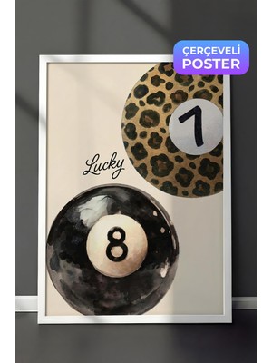 1001 Beyaz Çerçeveli Duvar Tablosu Lucky Yazılı Leopar Desenli Bilardo Topu Sulu Boya Salon Dekoru, 5