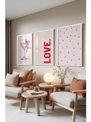 1001 Beyaz Çerçeveli 3’lü Tablo Seti Love Cocktail – Romantik Minimal Yatak Odası Set 30076, 15 x