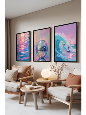 1001 Siyah Çerçeveli 3’lü Tablo Seti Neon Waves – Disko & Surf Salon Set 30074, 15 x 21