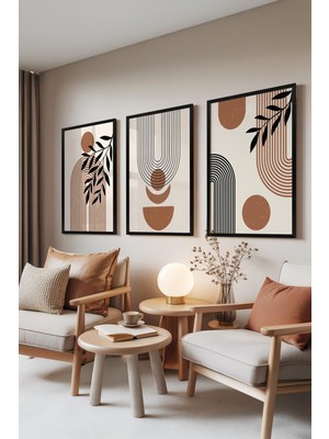 1001 Siyah Çerçeveli 3’lü Tablo Seti Kahverengi Geometrik Desen Salon Set 30056, 15 x 21
