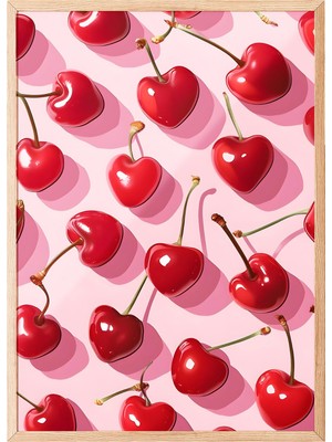 1001 Ahşap Çerçeveli Tablo Parlak Kırmızı Kirazlar – Pop Art Mutfak Dekoru Poster 106187, 21 x 30