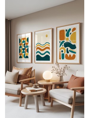 1001 Ahşap Çerçeveli 3’lü Tablo Seti Geometrik Dalgalar – Retro Tonlar Salon Set 30090, 21 x 30