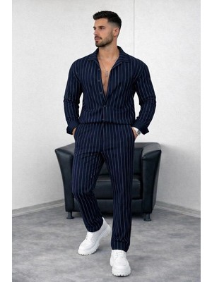 Velmora Fashion Erkek Çizgili Krep Kumaş Krem Gömlek Pantolon Alt Üst Takım Uzun Kollu - Lacivert