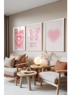 1001 Beyaz Çerçeveli 3’lü Tablo Seti Kalp ve Kelebek Tasarımı Genç Odası Set 30053, 21 x 30