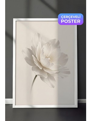 1001 Beyaz Çerçeveli Duvar Tablosu Beyaz Lotus Sessizliği Nötr Minimal Çiçek Yatak Odası Dekoru, 3