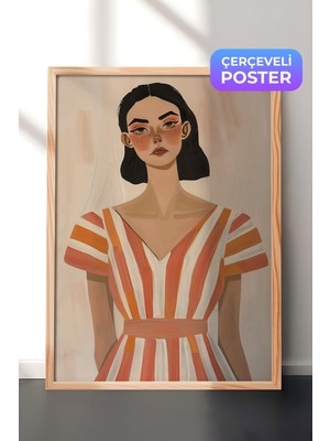 1001 Ahşap Çerçeveli Duvar Tablosu Çizgili Elbiseli Kadın Minimal Modern Portre Salon Dekoru, 30 x 4