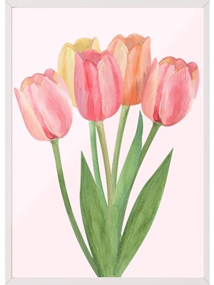 1001 Beyaz Çerçeveli Tablo Pembe Laleler – Pastel Çiçek Sanatı Yatak Odası Dekoru Poster 106302,