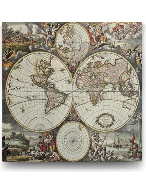 1001 Antik (1690) Dünya Haritası Tablosu - 70X70CM